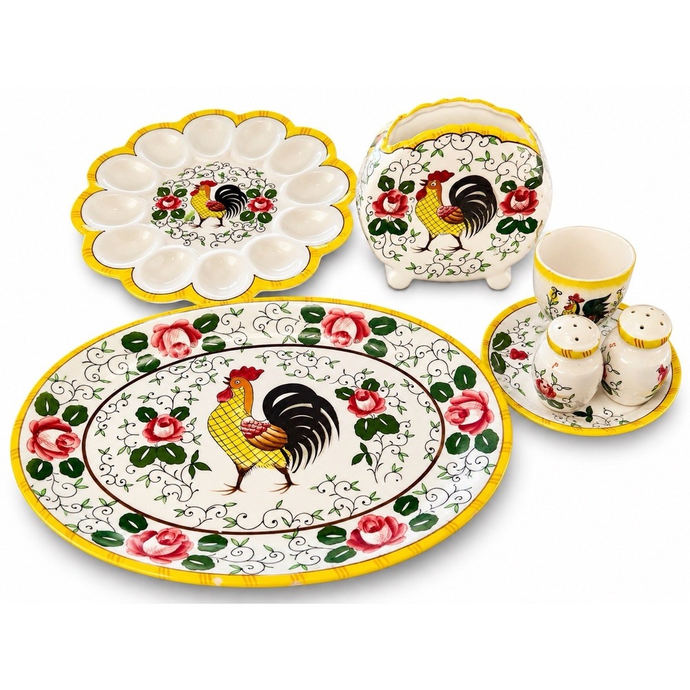 Vintage UCAGCO Japan Rooster 7 Pc Serving Set Platter Egg Plate S&P Napkin